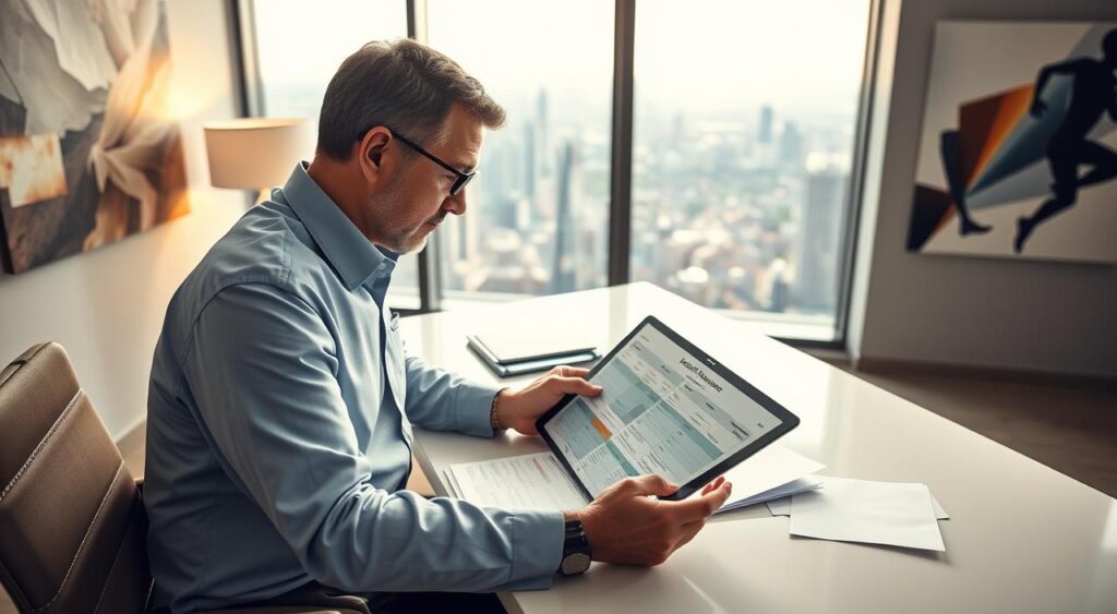 A professional healthcare consultant sits at a sleek, modern office desk, analyzing a health insurance plan on a digital tablet. The foreground features the consultant, a middle-aged person in professional attire, deeply focused and surrounded by organized documents. In the middle ground, a large window reveals a panoramic view of a bustling cityscape, symbolizing the reach of healthcare services. Soft, warm lighting from a desk lamp creates an inviting atmosphere, while natural sunlight filters in, suggesting optimism and clarity. In the background, abstract artwork on the walls reflects themes of health and wellness. The overall mood is one of professionalism and dedication, emphasizing the importance of specialized consultancy in healthcare planning for medical professionals. A professional healthcare consultant sits at a sleek, modern office desk, analyzing a health insurance plan on a digital tablet. The foreground features the consultant, a middle-aged person in professional attire, deeply focused and surrounded by organized documents. In the middle ground, a large window reveals a panoramic view of a bustling cityscape, symbolizing the reach of healthcare services. Soft, warm lighting from a desk lamp creates an inviting atmosphere, while natural sunlight filters in, suggesting optimism and clarity. In the background, abstract artwork on the walls reflects themes of health and wellness. The overall mood is one of professionalism and dedication, emphasizing the importance of specialized consultancy in healthcare planning for medical professionals.