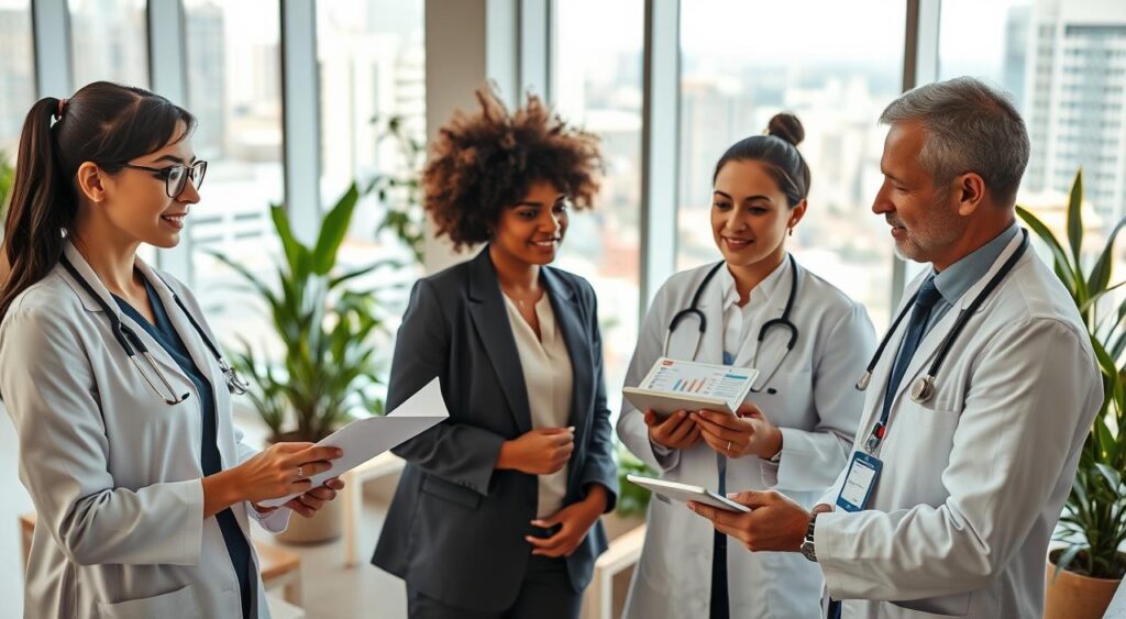 A professional healthcare consultation scene featuring a diverse group of medical professionals in business attire discussing health plans. In the foreground, a confident female doctor with glasses is analyzing a document, while a male doctor, engaged in conversation, gestures towards a digital tablet displaying healthcare statistics. In the middle, a modern office setting filled with plants and light wood furniture, conveying a warm and inviting atmosphere. The background consists of large windows allowing natural light to flood in, showcasing the bustling city of Osasco. The overall mood is focused, collaborative, and professional, suggesting reliability and expertise in healthcare consulting. The image should be well-lit and captured at eye level, highlighting the interaction among the professionals. A professional healthcare consultation scene featuring a diverse group of medical professionals in business attire discussing health plans. In the foreground, a confident female doctor with glasses is analyzing a document, while a male doctor, engaged in conversation, gestures towards a digital tablet displaying healthcare statistics. In the middle, a modern office setting filled with plants and light wood furniture, conveying a warm and inviting atmosphere. The background consists of large windows allowing natural light to flood in, showcasing the bustling city of Osasco. The overall mood is focused, collaborative, and professional, suggesting reliability and expertise in healthcare consulting. The image should be well-lit and captured at eye level, highlighting the interaction among the professionals.