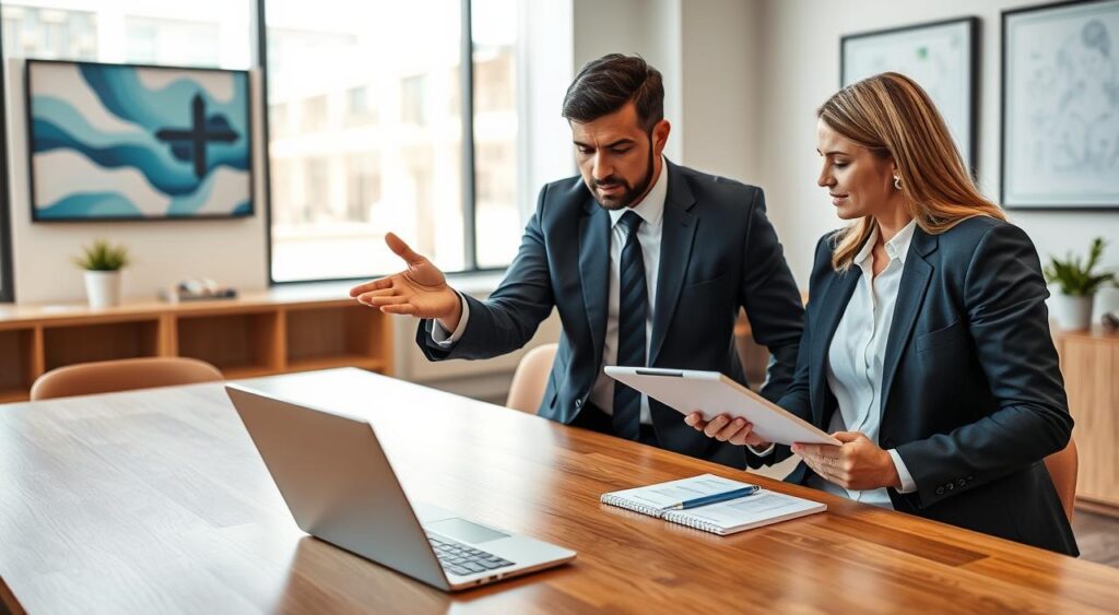 A professional healthcare consulting scene in a modern office setting, featuring a diverse group of three healthcare consultants engaged in a focused discussion. In the foreground, a middle-aged male consultant in a smart suit gestures towards a digital tablet, while a young female consultant in business attire takes notes. The middle layer shows a wooden conference table with notepads and a laptop, symbolizing an organized work environment. In the background, large windows let in soft, natural light, casting a warm glow on the walls adorned with healthcare-related artwork. The atmosphere is one of collaboration and expertise, evoking trust and professionalism in the healthcare consulting field. The scene captures a sense of purpose and dedication to supporting healthcare professionals. A professional healthcare consulting scene in a modern office setting, featuring a diverse group of three healthcare consultants engaged in a focused discussion. In the foreground, a middle-aged male consultant in a smart suit gestures towards a digital tablet, while a young female consultant in business attire takes notes. The middle layer shows a wooden conference table with notepads and a laptop, symbolizing an organized work environment. In the background, large windows let in soft, natural light, casting a warm glow on the walls adorned with healthcare-related artwork. The atmosphere is one of collaboration and expertise, evoking trust and professionalism in the healthcare consulting field. The scene captures a sense of purpose and dedication to supporting healthcare professionals.