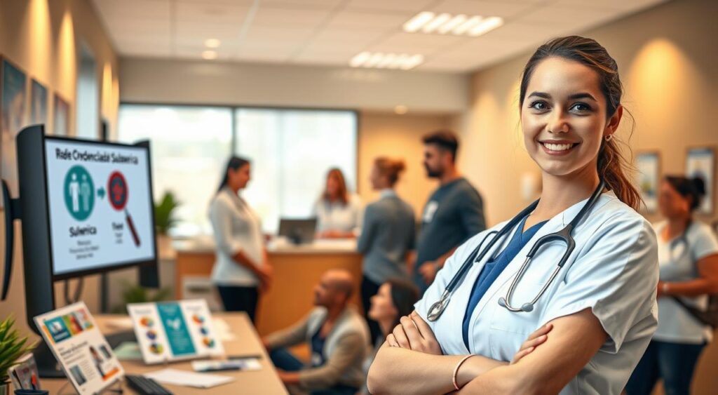A professional healthcare office setting in Contagem, featuring a welcoming atmosphere with warm lighting. In the foreground, a confident healthcare worker, dressed in professional attire, stands beside a computer displaying a digital representation of the “Rede Credenciada Sulamérica.” In the middle ground, a diverse group of patients of various ages is engaging with medical staff, conveying a sense of trust and care. The background shows a well-organized reception area with informational brochures about the Sulamérica hospital plan. The overall mood is optimistic and professional, emphasizing a supportive healthcare environment that fosters community health and well-being. Capture this scene with a soft focus on the background and clear details on the foreground subjects to enhance depth.