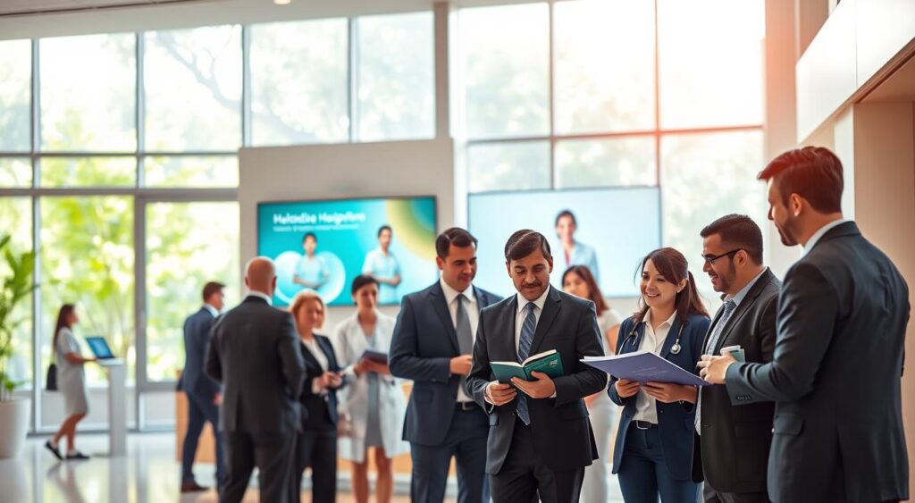 A professional healthcare setting featuring a modern hospital reception area, designed for the Sulamerica Hospital Plan in Recife. In the foreground, a diverse group of healthcare professionals, dressed in smart business attire, are engaged in discussion and reviewing documents related to the health plan. In the middle ground, there are informational brochures and sleek digital screens displaying healthcare information. The background shows a bright, welcoming hospital environment with greenery visible through large windows, creating an uplifting and reassuring atmosphere. The lighting is warm and inviting, with soft natural light streaming in, emphasizing a sense of trust and care. The scene conveys professionalism and an emphasis on healthcare quality. A professional healthcare setting featuring a modern hospital reception area, designed for the Sulamerica Hospital Plan in Recife. In the foreground, a diverse group of healthcare professionals, dressed in smart business attire, are engaged in discussion and reviewing documents related to the health plan. In the middle ground, there are informational brochures and sleek digital screens displaying healthcare information. The background shows a bright, welcoming hospital environment with greenery visible through large windows, creating an uplifting and reassuring atmosphere. The lighting is warm and inviting, with soft natural light streaming in, emphasizing a sense of trust and care. The scene conveys professionalism and an emphasis on healthcare quality.