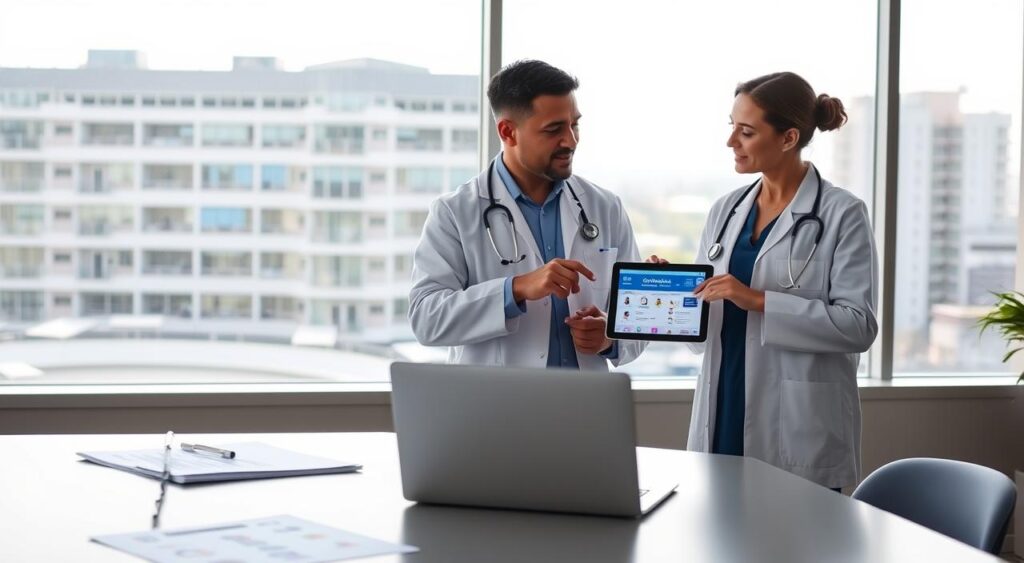 A professional male and female doctor, in business attire, are discussing health plans in a modern office setting, emphasizing "rede credenciada Sulamérica." The foreground features a sleek desk with medical charts and a laptop displaying the SulAmérica logo. In the middle ground, the doctors are engaged in a collaborative discussion, pointing towards a digital tablet that showcases healthcare options. The background reveals a contemporary window view of Londrina, with soft natural light flooding the room, creating a bright and optimistic atmosphere. The angle captures both doctors from a slight side view, conveying professionalism and trustworthiness. The overall mood is one of collaboration and confidence in health services tailored for medical professionals. A professional male and female doctor, in business attire, are discussing health plans in a modern office setting, emphasizing "rede credenciada Sulamérica." The foreground features a sleek desk with medical charts and a laptop displaying the SulAmérica logo. In the middle ground, the doctors are engaged in a collaborative discussion, pointing towards a digital tablet that showcases healthcare options. The background reveals a contemporary window view of Londrina, with soft natural light flooding the room, creating a bright and optimistic atmosphere. The angle captures both doctors from a slight side view, conveying professionalism and trustworthiness. The overall mood is one of collaboration and confidence in health services tailored for medical professionals.