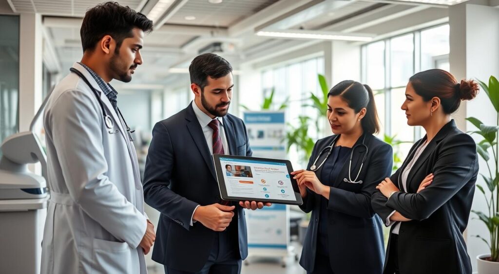A professional medical office in Campinas, Brazil, showcasing the exclusive SulAmérica Professions Health Plan aimed at physicians with active registrations and CNPJ. In the foreground, a diverse group of three healthcare professionals dressed in smart business attire—two male doctors and one female doctor—engaged in a discussion around a tablet displaying health plan details. In the middle ground, modern medical equipment and promotional materials for the SulAmérica plan are visible, adding context to the setting. The background features a sleek, contemporary office space with plants and bright, natural lighting coming through large windows, creating an inviting and professional atmosphere. The image conveys a sense of collaboration, innovation, and dedication to healthcare excellence. A professional medical office in Campinas, Brazil, showcasing the exclusive SulAmérica Professions Health Plan aimed at physicians with active registrations and CNPJ. In the foreground, a diverse group of three healthcare professionals dressed in smart business attire—two male doctors and one female doctor—engaged in a discussion around a tablet displaying health plan details. In the middle ground, modern medical equipment and promotional materials for the SulAmérica plan are visible, adding context to the setting. The background features a sleek, contemporary office space with plants and bright, natural lighting coming through large windows, creating an inviting and professional atmosphere. The image conveys a sense of collaboration, innovation, and dedication to healthcare excellence.