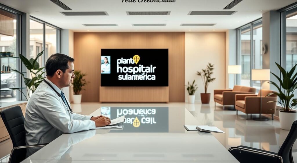 A professional medical office interior showcasing a "rede credenciada" for healthcare services. In the foreground, a well-dressed doctor, wearing a white coat and stethoscope, reviews patient documents while seated at a sleek, modern desk. The middle features a large digital screen displaying the logo of "Plano Hospitalar Sulamerica", with visuals of healthcare professionals engaged in various services. The background captures an inviting waiting area with comfortable seating, potted plants, and soft lighting, creating a warm and welcoming atmosphere. The scene is illuminated by natural light filtering through large windows, enhancing the professional and friendly mood. A wide-angle view emphasizes the spaciousness of the office while maintaining focus on the doctor and the displaying services. A professional medical office interior showcasing a "rede credenciada" for healthcare services. In the foreground, a well-dressed doctor, wearing a white coat and stethoscope, reviews patient documents while seated at a sleek, modern desk. The middle features a large digital screen displaying the logo of "Plano Hospitalar Sulamerica", with visuals of healthcare professionals engaged in various services. The background captures an inviting waiting area with comfortable seating, potted plants, and soft lighting, creating a warm and welcoming atmosphere. The scene is illuminated by natural light filtering through large windows, enhancing the professional and friendly mood. A wide-angle view emphasizes the spaciousness of the office while maintaining focus on the doctor and the displaying services.
