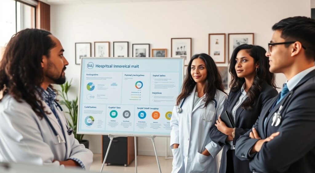 A professional medical office scene, emphasizing a tailored health insurance plan for doctors and liberal professionals in Recife. In the foreground, a diverse group of medical professionals—two male and two female doctors of various ethnicities—are engaged in a discussion, all wearing tailored business attire that reflects professionalism. In the middle ground, a large presentation board displays infographics about the Sulamerica hospital plan, highlighting benefits and features. The background features a bright, modern office with medical certificates and calming artwork on the walls. Soft, natural lighting filters through large windows, creating a warm, inviting atmosphere that conveys trust and collaboration among healthcare practitioners. The image has a slightly elevated angle to emphasize the interaction and the informative display. A professional medical office scene, emphasizing a tailored health insurance plan for doctors and liberal professionals in Recife. In the foreground, a diverse group of medical professionals—two male and two female doctors of various ethnicities—are engaged in a discussion, all wearing tailored business attire that reflects professionalism. In the middle ground, a large presentation board displays infographics about the Sulamerica hospital plan, highlighting benefits and features. The background features a bright, modern office with medical certificates and calming artwork on the walls. Soft, natural lighting filters through large windows, creating a warm, inviting atmosphere that conveys trust and collaboration among healthcare practitioners. The image has a slightly elevated angle to emphasize the interaction and the informative display.