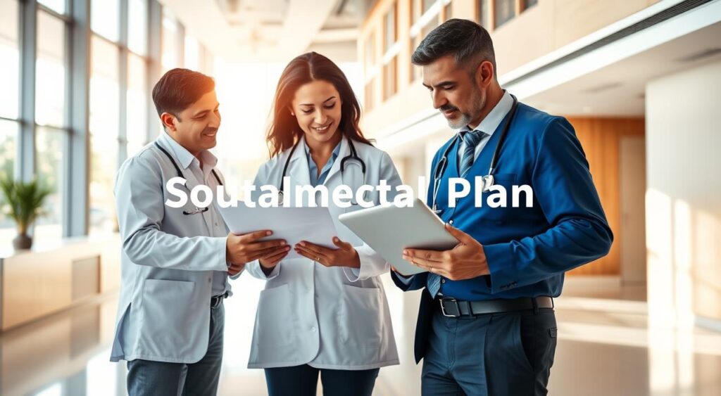 A professional medical scene featuring the concept of "Sulamérica Health Plan" in São José dos Campos. In the foreground, a diverse group of three healthcare professionals—two men and one woman—dressed in business attire, are engaged in discussion, examining medical charts and digital tablets. The middle ground showcases a modern hospital lobby with welcoming reception and sleek architecture, highlighting a sense of professionalism and care. In the background, large windows reveal a sunny day outside, creating a warm and inviting atmosphere. The lighting is bright and natural, emphasizing the clarity and friendliness of the environment. The image conveys a mood of trust, professionalism, and a focus on healthcare, symbolizing the advantages of choosing Sulamérica's healthcare plan for physicians. A professional medical scene featuring the concept of "Sulamérica Health Plan" in São José dos Campos. In the foreground, a diverse group of three healthcare professionals—two men and one woman—dressed in business attire, are engaged in discussion, examining medical charts and digital tablets. The middle ground showcases a modern hospital lobby with welcoming reception and sleek architecture, highlighting a sense of professionalism and care. In the background, large windows reveal a sunny day outside, creating a warm and inviting atmosphere. The lighting is bright and natural, emphasizing the clarity and friendliness of the environment. The image conveys a mood of trust, professionalism, and a focus on healthcare, symbolizing the advantages of choosing Sulamérica's healthcare plan for physicians.