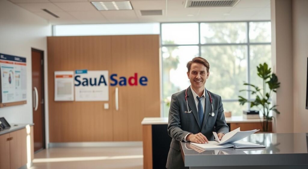A professional medical setting featuring a modern healthcare office with the "SulAmérica Saúde" logo prominently displayed. In the foreground, a confident medical professional, dressed in smart business attire, reviews documents on a sleek desk. The mid-ground shows a well-organized space with charts and health plans on the walls, indicating quality healthcare services. The background features a large window allowing natural light to illuminate the room, creating a welcoming atmosphere. Ensure the lighting is bright and uplifting, emphasizing professionalism. The overall mood is one of trust and reliability, reflecting the theme of healthcare excellence in Uberlândia. No text or overlays should be included. A professional medical setting featuring a modern healthcare office with the "SulAmérica Saúde" logo prominently displayed. In the foreground, a confident medical professional, dressed in smart business attire, reviews documents on a sleek desk. The mid-ground shows a well-organized space with charts and health plans on the walls, indicating quality healthcare services. The background features a large window allowing natural light to illuminate the room, creating a welcoming atmosphere. Ensure the lighting is bright and uplifting, emphasizing professionalism. The overall mood is one of trust and reliability, reflecting the theme of healthcare excellence in Uberlândia. No text or overlays should be included.