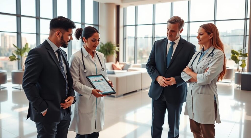 A professional medical setting in Osasco, Brazil, illustrating the "Sulamérica Saúde" hospital plan for physicians. In the foreground, a diverse group of three medical professionals—two doctors and a nurse—dressed in smart business attire, engaged in a discussion around a digital tablet showcasing healthcare plans. The middle ground features a modern hospital reception area with sleek, contemporary design elements, including soft seating and greenery. In the background, large windows reveal a sunny Osasco skyline, contributing to a bright, welcoming atmosphere. Soft, diffused lighting enhances the professionalism and warmth of the scene, captured with a slight angle to add depth. The overall mood is collaborative, informative, and focused on healthcare excellence, perfectly reflecting the essence of "Sulamérica Saúde." A professional medical setting in Osasco, Brazil, illustrating the "Sulamérica Saúde" hospital plan for physicians. In the foreground, a diverse group of three medical professionals—two doctors and a nurse—dressed in smart business attire, engaged in a discussion around a digital tablet showcasing healthcare plans. The middle ground features a modern hospital reception area with sleek, contemporary design elements, including soft seating and greenery. In the background, large windows reveal a sunny Osasco skyline, contributing to a bright, welcoming atmosphere. Soft, diffused lighting enhances the professionalism and warmth of the scene, captured with a slight angle to add depth. The overall mood is collaborative, informative, and focused on healthcare excellence, perfectly reflecting the essence of "Sulamérica Saúde."