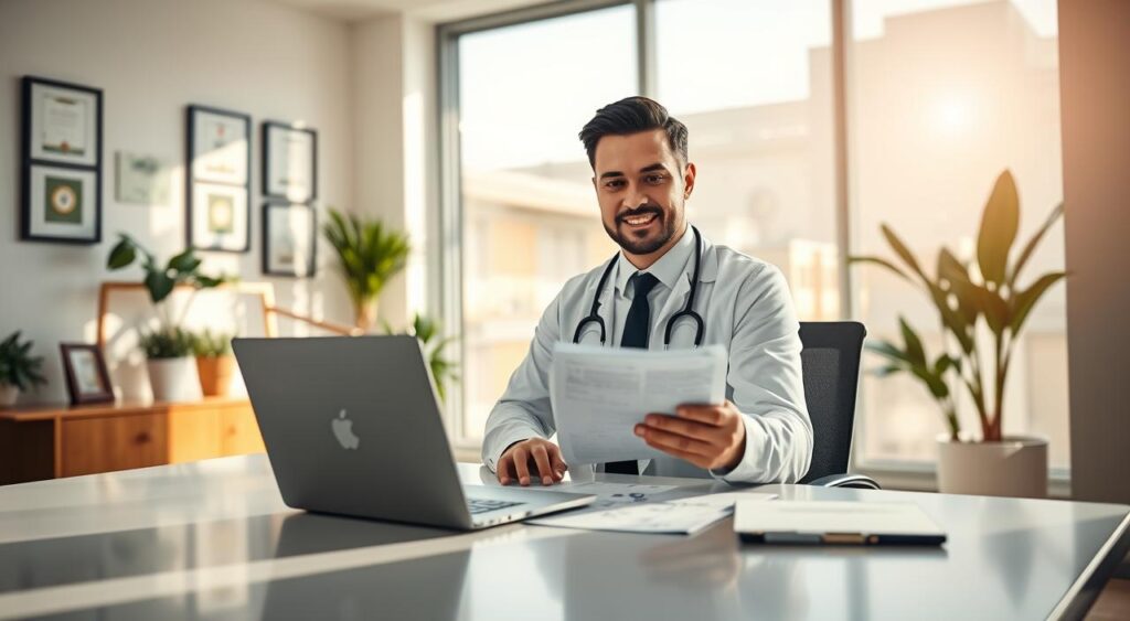 A professional medical workspace in São José dos Campos featuring a confident doctor in professional attire, reviewing documents related to the SulAmérica Profissões healthcare plan. In the foreground, the doctor is seated at a sleek desk, with a laptop open and medical charts visible. The middle ground showcases bright, modern office decor, including plants and framed medical certifications on the walls. The background reveals a large window with natural sunlight streaming in, creating a warm atmosphere. Soft shadows play across the room, adding depth. The overall mood is one of exclusivity and professionalism, emphasizing the unique opportunities for registered medical professionals. The image should be crisp, with a focus on the doctor and their workspace, captured from a slightly elevated angle to highlight the environment. A professional medical workspace in São José dos Campos featuring a confident doctor in professional attire, reviewing documents related to the SulAmérica Profissões healthcare plan. In the foreground, the doctor is seated at a sleek desk, with a laptop open and medical charts visible. The middle ground showcases bright, modern office decor, including plants and framed medical certifications on the walls. The background reveals a large window with natural sunlight streaming in, creating a warm atmosphere. Soft shadows play across the room, adding depth. The overall mood is one of exclusivity and professionalism, emphasizing the unique opportunities for registered medical professionals. The image should be crisp, with a focus on the doctor and their workspace, captured from a slightly elevated angle to highlight the environment.
