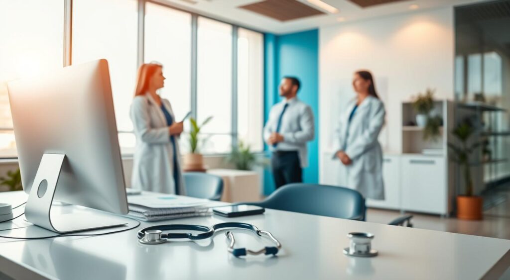 A professional office interior showcasing a modern healthcare consultation space in Campinas, Brazil. In the foreground, a well-organized desk with a sleek computer, medical charts, and a stethoscope, symbolizing the professionalism of the "Plano Hospitalar Sulamerica". In the middle ground, two physicians in smart business attire engaged in a discussion, exuding trust and collaboration. The background features a large window with natural light streaming in, illuminating the room and enhancing a welcoming atmosphere. Soft, warm lighting creates a comforting mood, while vibrant, appealing colors of the office decor evoke a sense of health and wellbeing. The perspective is a wide-angle shot that captures the essence of a professional medical environment dedicated to patient care. A professional office interior showcasing a modern healthcare consultation space in Campinas, Brazil. In the foreground, a well-organized desk with a sleek computer, medical charts, and a stethoscope, symbolizing the professionalism of the "Plano Hospitalar Sulamerica". In the middle ground, two physicians in smart business attire engaged in a discussion, exuding trust and collaboration. The background features a large window with natural light streaming in, illuminating the room and enhancing a welcoming atmosphere. Soft, warm lighting creates a comforting mood, while vibrant, appealing colors of the office decor evoke a sense of health and wellbeing. The perspective is a wide-angle shot that captures the essence of a professional medical environment dedicated to patient care.