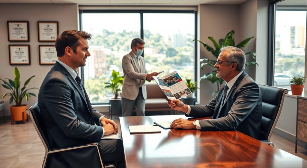 A professional office setting featuring a consultation room with modern decor and elegant furnishings. In the foreground, depict a confident consultant wearing professional business attire, seated at a sleek wooden desk, engaged in a discussion with a doctor, who is also in formal attire, presenting a health plan brochure. The middle ground shows a large window with natural light pouring in, highlighting a vibrant green cityscape of Santo André. Background elements include framed certificates on the walls and potted plants, creating a welcoming atmosphere. The overall mood is one of professionalism and trust, with soft, warm lighting that enhances the inviting ambiance.