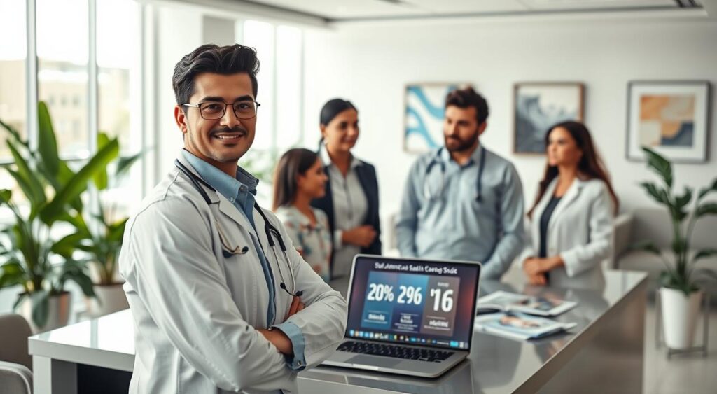 A professional, serene scene depicting a modern medical office in Guarulhos, Brazil, focused on the Sul America Saúde hospital plan. In the foreground, a confident, well-dressed healthcare professional with a stethoscope around their neck discusses healthcare options with a family, showcasing a caring and trustworthy atmosphere. In the middle, a sleek desk with brochures about the Sul America Saúde plan and a laptop displaying positive statistics related to health coverage. The background features a bright, airy waiting room with plants and modern artwork. Soft, natural lighting floods the space, creating a welcoming mood, while a wide-angle lens captures the professionalism of the environment. The overall ambiance should reflect reliability and comfort for families considering their healthcare choices.
