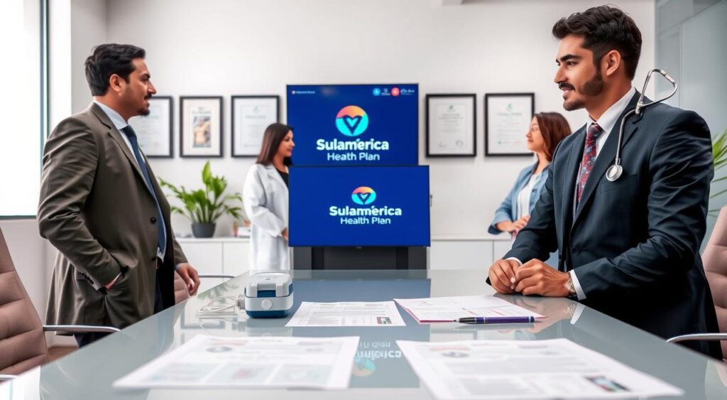 A professional setting showcasing a group of doctors discussing healthcare options related to the "Sulamérica Health Plan" in Feira de Santana. In the foreground, two doctors in smart business attire, one male and one female, appear engaged in conversation, with medical equipment and documents on a sleek conference table. The middle ground features medical charts and a digital display showing the Sulamérica Health Plan logo. The background displays a well-lit, modern medical office environment with framed certificates and soft green plants. The lighting is bright but soft, creating an inviting atmosphere, with a focus on the doctors and the plan they are presenting. The image captures professionalism, collaboration, and trust in healthcare. A professional setting showcasing a group of doctors discussing healthcare options related to the "Sulamérica Health Plan" in Feira de Santana. In the foreground, two doctors in smart business attire, one male and one female, appear engaged in conversation, with medical equipment and documents on a sleek conference table. The middle ground features medical charts and a digital display showing the Sulamérica Health Plan logo. The background displays a well-lit, modern medical office environment with framed certificates and soft green plants. The lighting is bright but soft, creating an inviting atmosphere, with a focus on the doctors and the plan they are presenting. The image captures professionalism, collaboration, and trust in healthcare.