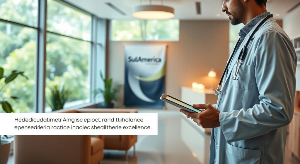 A serene healthcare setting showcasing a modern medical facility representing "Rede Credenciada SulAmerica". In the foreground, a confident doctor in professional attire is reviewing patient files on a sleek tablet. The middle ground features a welcoming reception area with warm lighting, a comfortable waiting lounge, and a banner displaying the SulAmerica logo subtly placed on a wall. In the background, large windows reveal lush greenery outside, enhancing the atmosphere of tranquility and care. The image should evoke a sense of professionalism and accessibility, with clear, bright lighting illuminating the space. The overall mood should be calm and reassuring, emphasizing the trust and quality of the medical plan available for active doctors and small and medium enterprises, ensuring a focus on healthcare excellence. A serene healthcare setting showcasing a modern medical facility representing "Rede Credenciada SulAmerica". In the foreground, a confident doctor in professional attire is reviewing patient files on a sleek tablet. The middle ground features a welcoming reception area with warm lighting, a comfortable waiting lounge, and a banner displaying the SulAmerica logo subtly placed on a wall. In the background, large windows reveal lush greenery outside, enhancing the atmosphere of tranquility and care. The image should evoke a sense of professionalism and accessibility, with clear, bright lighting illuminating the space. The overall mood should be calm and reassuring, emphasizing the trust and quality of the medical plan available for active doctors and small and medium enterprises, ensuring a focus on healthcare excellence.