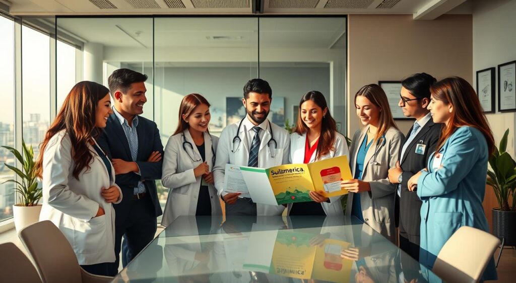 A serene office setting in Nova Iguaçu embodies professionalism and trust. In the foreground, a diverse group of well-dressed medical professionals of varying ethnicities engage in a conversation, reviewing a glowing brochure featuring SulAmérica’s premium health plan. They are standing around a modern conference table, with expressions of interest and collaboration. The middle ground showcases a sleek backdrop of glass walls displaying a cityscape, hinting at urban vitality. Natural light filters through, casting soft shadows, while warm tones evoke a sense of comfort and assurance. The background features subtle elements like potted plants and framed certificates. The overall atmosphere conveys excellence and reliability in healthcare consultancy.