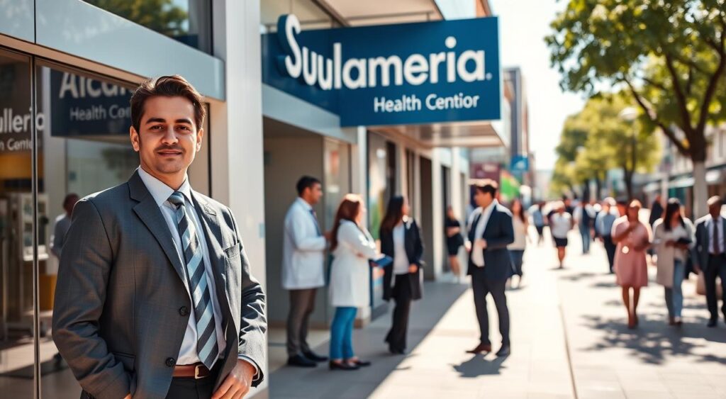 A vibrant and professional scene depicting the exterior of the Sulamérica Health Plan office in Jaboatão dos Guararapes. In the foreground, a well-dressed doctor in business attire stands confidently outside the modern building, which features sleek glass windows and the Sulamérica logo prominently displayed. The middle ground showcases a group of diverse healthcare professionals engaging with clients, highlighting a welcoming atmosphere. In the background, the lively streets of Jaboatão dos Guararapes create a sense of community. The lighting is bright and inviting, suggesting a sunny day with soft shadows for a warm ambiance. The overall mood is one of professionalism and trust, emphasizing healthcare and well-being in a bustling urban setting.