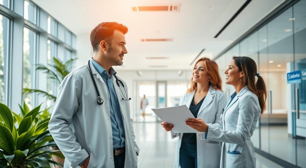 A vibrant scene showcasing a modern healthcare setting in Santo André, Brazil. In the foreground, a professional male doctor in a white coat and stethoscope, and a female healthcare administrator in smart business attire, discussing a patient care plan. In the middle ground, a bright and welcoming hospital reception area with greenery and natural light streaming through large windows, featuring a subtle Sulamérica Saúde logo integrated into the decor. The background includes well-organized patient care rooms visible through glass partitions, all designed with contemporary, inviting aesthetics. The overall atmosphere is one of professionalism, trust, and compassion. The lighting is warm and uplifting, creating a sense of safety and care. The angle captures the dynamic interaction between the healthcare professionals, showcasing their commitment to patient well-being.