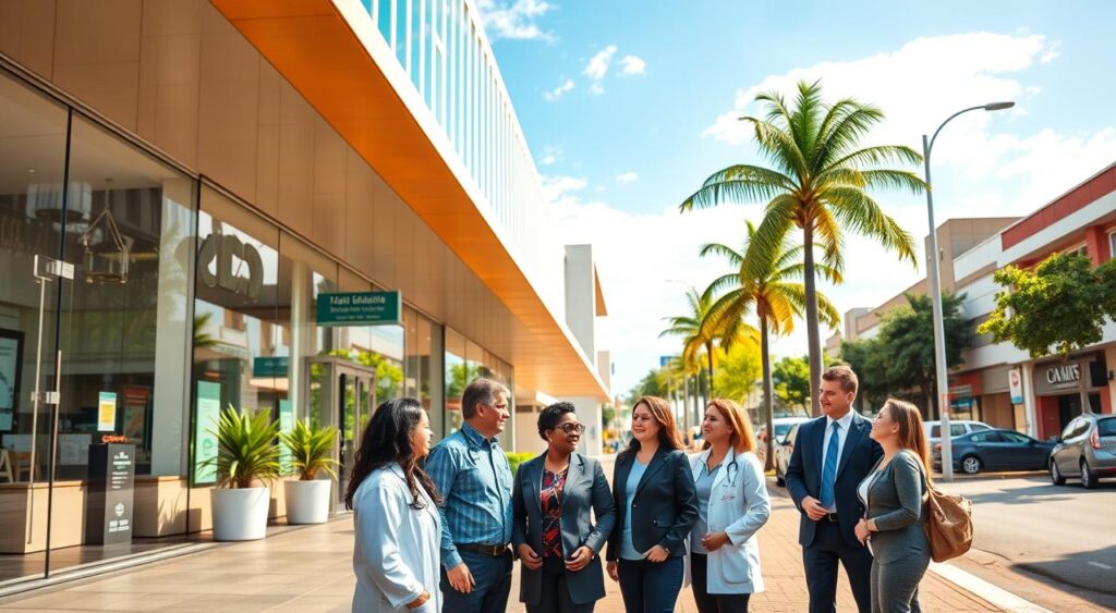 A vibrant street scene in Nova Iguaçu, showcasing a modern healthcare facility with clear, welcoming architecture. In the foreground, a diverse group of medical professionals in professional business attire engage in conversation, radiating warmth and trust. In the middle ground, the healthcare building displays large windows allowing natural light to flood the interior, creating an inviting atmosphere. The background features the bustling streets of Nova Iguaçu, with local shops and palm trees under a bright blue sky, hinting at the city's vibrant culture. The scene is captured at eye level with soft lighting, emphasizing a sense of community and accessibility within the healthcare sector. The mood is optimistic and professional, encapsulating the essence of healthcare services in the area.