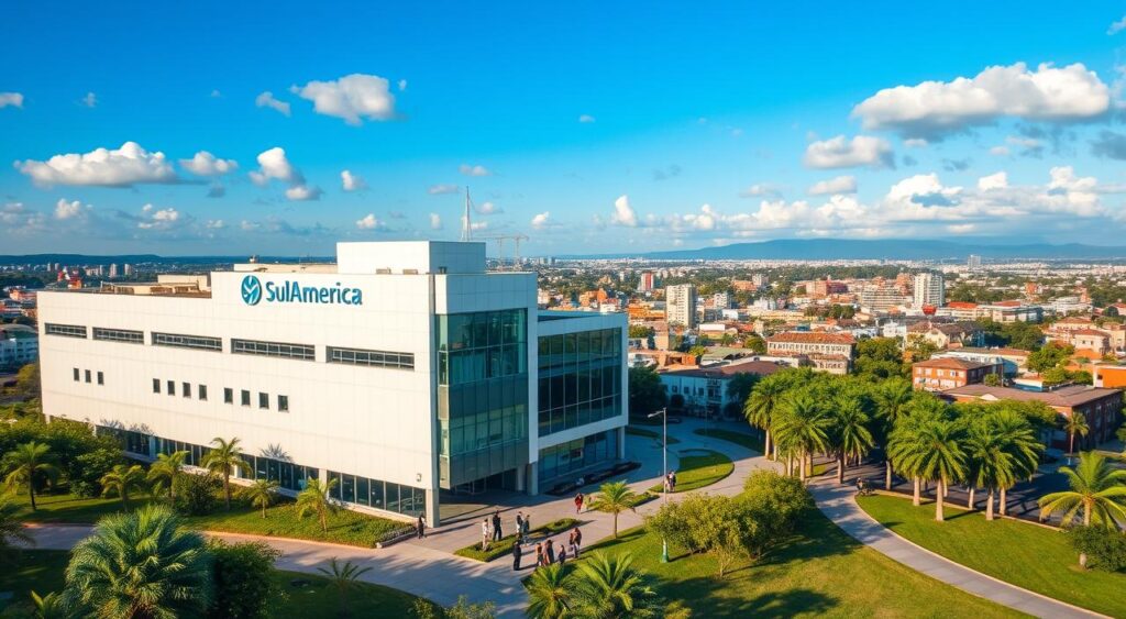 An aerial view of Ribeirão Preto, Brazil, emphasizing the city's vibrant healthcare landscape. In the foreground, a modern hospital building with a sleek design showcasing the Sulamerica logo prominently on the façade, surrounded by lush greenery and well-maintained landscaping. In the middle ground, a group of diverse professionals, dressed in smart business attire, engaged in a discussion outside the hospital, symbolizing cooperation in healthcare. The background features the city's skyline with recognizable structures, under a bright blue sky with soft, fluffy clouds. The lighting is warm and inviting, evoking a sense of safety and trust, symbolizing the reliability of the Sulamerica Health Plan. The overall mood is professional and optimistic, reflecting the importance of healthcare in the community.
