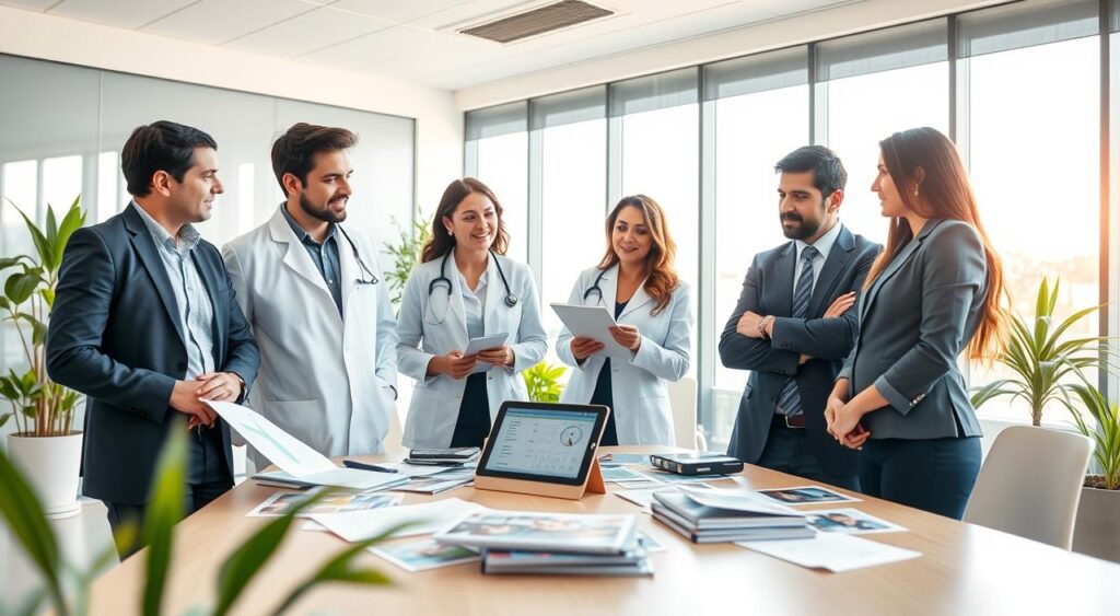 Create a professional scene showcasing the "SulAmérica Profissões" health plan, featuring a diverse group of medical professionals, including a doctor, a nurse, and a healthcare administrator, all dressed in smart business attire. They are engaged in an informative discussion around a modern office table cluttered with health plan brochures and a tablet displaying medical data. The foreground captures their focused expressions, while the middle ground includes a large window revealing a bright, sunny day outside, suggesting a positive atmosphere. The background features a sleek, contemporary office with neutral colors and subtle green plants to convey health and vitality. Use soft natural lighting to enhance the welcoming ambiance and ensure all subjects appear professionally engaged, emphasizing teamwork and professionalism in the healthcare sector. Create a professional scene showcasing the "SulAmérica Profissões" health plan, featuring a diverse group of medical professionals, including a doctor, a nurse, and a healthcare administrator, all dressed in smart business attire. They are engaged in an informative discussion around a modern office table cluttered with health plan brochures and a tablet displaying medical data. The foreground captures their focused expressions, while the middle ground includes a large window revealing a bright, sunny day outside, suggesting a positive atmosphere. The background features a sleek, contemporary office with neutral colors and subtle green plants to convey health and vitality. Use soft natural lighting to enhance the welcoming ambiance and ensure all subjects appear professionally engaged, emphasizing teamwork and professionalism in the healthcare sector.
