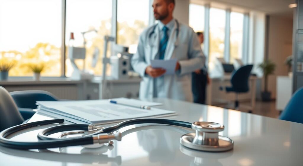 A healthcare professional standing confidently in a modern hospital setting, dressed in professional attire, looking over documents and discussing with a colleague. In the foreground, a stethoscope and a medical chart rest on a polished desk, symbolizing the importance of protection for healthcare workers. The middle ground features a bright, well-organized consultation room with medical equipment neatly arranged, conveying a sense of order and professionalism. In the background, large windows allow warm, natural light to flood in, illuminating the space and creating a welcoming atmosphere. The overall mood is one of safety and assurance, highlighting the essential role of health plans for medical professionals in Rio de Janeiro. The perspective is slightly angled to emphasize the professionalism and collaboration in the healthcare environment.