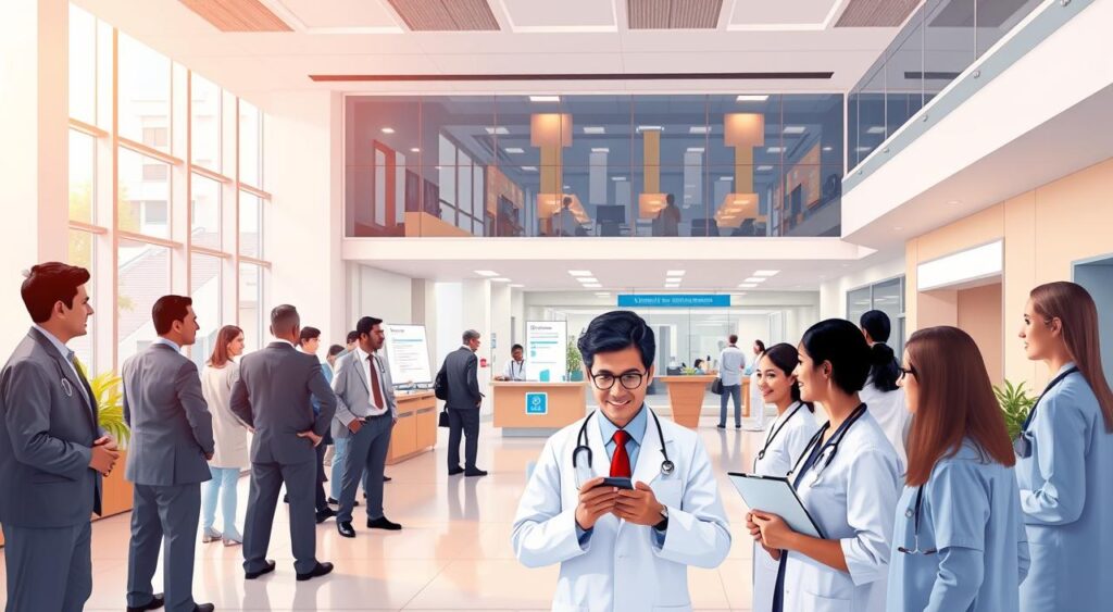 A high-quality illustration depicting a hospital scene in João Pessoa, Brazil, emphasizing the comprehensive healthcare services available for medical professionals under the Sulamerica Hospital Plan. In the foreground, a diverse group of doctors and medical staff in professional business attire, discussing healthcare options with a digital tablet. In the middle ground, a well-equipped modern hospital reception area with a welcoming atmosphere, featuring clear signage and friendly staff attending to patients. The background showcases the exterior of a contemporary hospital building, reflecting the vibrant architecture of João Pessoa. Soft, warm lighting enhances the friendly environment, while a wide-angle perspective captures the depth of the scene, creating a sense of trust and professionalism in medical care. A high-quality illustration depicting a hospital scene in João Pessoa, Brazil, emphasizing the comprehensive healthcare services available for medical professionals under the Sulamerica Hospital Plan. In the foreground, a diverse group of doctors and medical staff in professional business attire, discussing healthcare options with a digital tablet. In the middle ground, a well-equipped modern hospital reception area with a welcoming atmosphere, featuring clear signage and friendly staff attending to patients. The background showcases the exterior of a contemporary hospital building, reflecting the vibrant architecture of João Pessoa. Soft, warm lighting enhances the friendly environment, while a wide-angle perspective captures the depth of the scene, creating a sense of trust and professionalism in medical care.