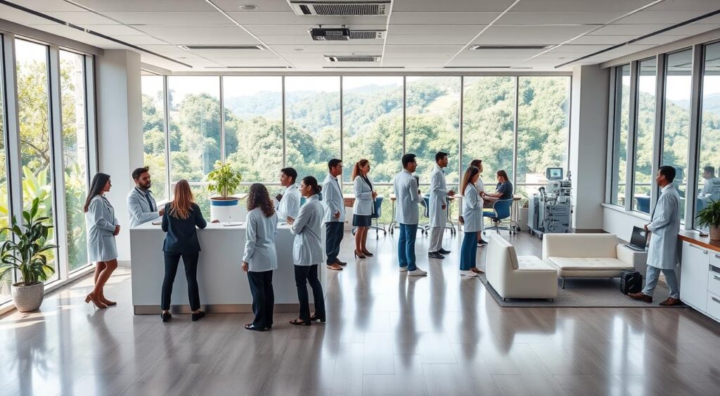 A modern and welcoming healthcare office interior for "Saúde Sulamérica," tailored for doctors. In the foreground, showcase a well-organized reception area with a sleek front desk and friendly staff, dressed in professional business attire, interacting with a diverse range of doctors. In the middle ground, display a consultation room, equipped with high-tech medical devices and comfortable seating, emphasizing a sense of professionalism and trust. The background features large windows allowing natural light to flood in, highlighting a view of Campos dos Goytacazes with lush greenery outside. The overall mood should be warm and inviting, conveying a sense of specialized protection and support for medical professionals. Use soft lighting to create a comfortable atmosphere, with a focus depth that enhances the warmth of the space. A modern and welcoming healthcare office interior for "Saúde Sulamérica," tailored for doctors. In the foreground, showcase a well-organized reception area with a sleek front desk and friendly staff, dressed in professional business attire, interacting with a diverse range of doctors. In the middle ground, display a consultation room, equipped with high-tech medical devices and comfortable seating, emphasizing a sense of professionalism and trust. The background features large windows allowing natural light to flood in, highlighting a view of Campos dos Goytacazes with lush greenery outside. The overall mood should be warm and inviting, conveying a sense of specialized protection and support for medical professionals. Use soft lighting to create a comfortable atmosphere, with a focus depth that enhances the warmth of the space.