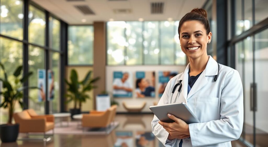 A modern healthcare facility setting, showcasing the Sulamérica Hospital Plan in São José do Rio Preto. In the foreground, a confident healthcare professional in a crisp white coat, holding a tablet, smiles warmly at the viewer, exuding professionalism. The middle ground features a well-lit reception area with modern decor, comfortable seating, and healthcare posters emphasizing wellness and care. The background displays large windows allowing warm natural light to flood in, revealing lush greenery outside, symbolizing a serene healing environment. The overall atmosphere is inviting and supportive, conveying a sense of trust and reliability in healthcare services. Soft, diffused lighting enhances the professional yet approachable mood, capturing the essence of a top-tier medical facility.