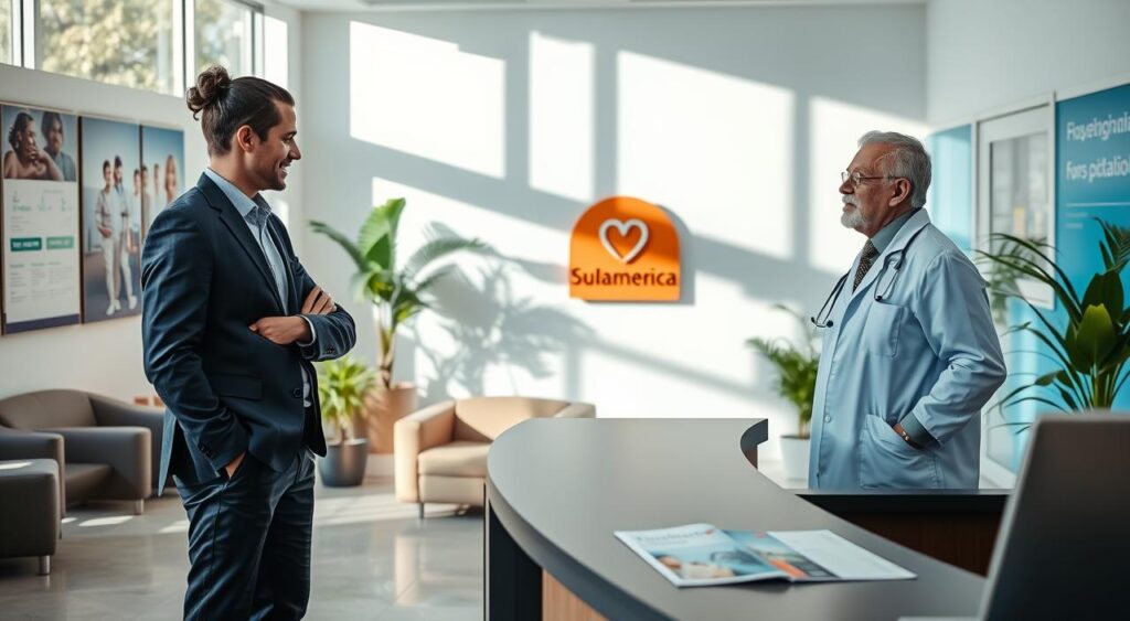 A modern healthcare office in Juiz de Fora, featuring a welcoming reception area with comfortable seating and potted plants. In the foreground, a professional-looking healthcare consultant in business attire speaks with a middle-aged doctor, both engaged in a friendly discussion about the Sulamérica health plan. The background showcases large windows with natural light streaming in, casting soft shadows and creating a warm atmosphere. The walls are adorned with health-related posters and a logo of Sulamérica Saúde, alongside bright, calming colors. A sleek desk with brochures about hospital plans is visible, emphasizing the plan's exclusivity for registered professionals with CNPJ. The overall mood is optimistic, representing trust and professionalism in healthcare. A modern healthcare office in Juiz de Fora, featuring a welcoming reception area with comfortable seating and potted plants. In the foreground, a professional-looking healthcare consultant in business attire speaks with a middle-aged doctor, both engaged in a friendly discussion about the Sulamérica health plan. The background showcases large windows with natural light streaming in, casting soft shadows and creating a warm atmosphere. The walls are adorned with health-related posters and a logo of Sulamérica Saúde, alongside bright, calming colors. A sleek desk with brochures about hospital plans is visible, emphasizing the plan's exclusivity for registered professionals with CNPJ. The overall mood is optimistic, representing trust and professionalism in healthcare.