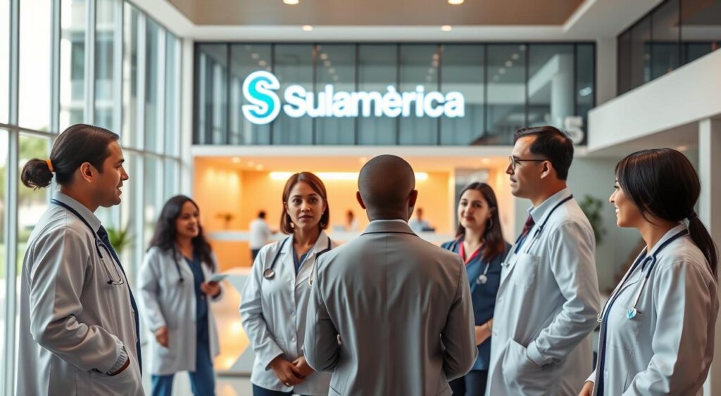 A modern healthcare setting showcasing the "Sulamérica Saúde" hospital plan, in Ananindeua. In the foreground, a diverse group of medical professionals in professional attire—doctors and nurses—are engaged in discussion, highlighting collaboration and care. In the middle ground, a reception area is visible, designed with clean, sleek lines and bright colors that convey a welcoming atmosphere. The background features a modern hospital building adorned with the Sulamérica logo and large glass windows that allow natural light to flood in, creating a warm and inviting environment. The scene is bathed in soft, diffused lighting, emphasizing professionalism and trust. The overall mood is one of optimism and assurance in quality healthcare services tailored for medical professionals and PME.