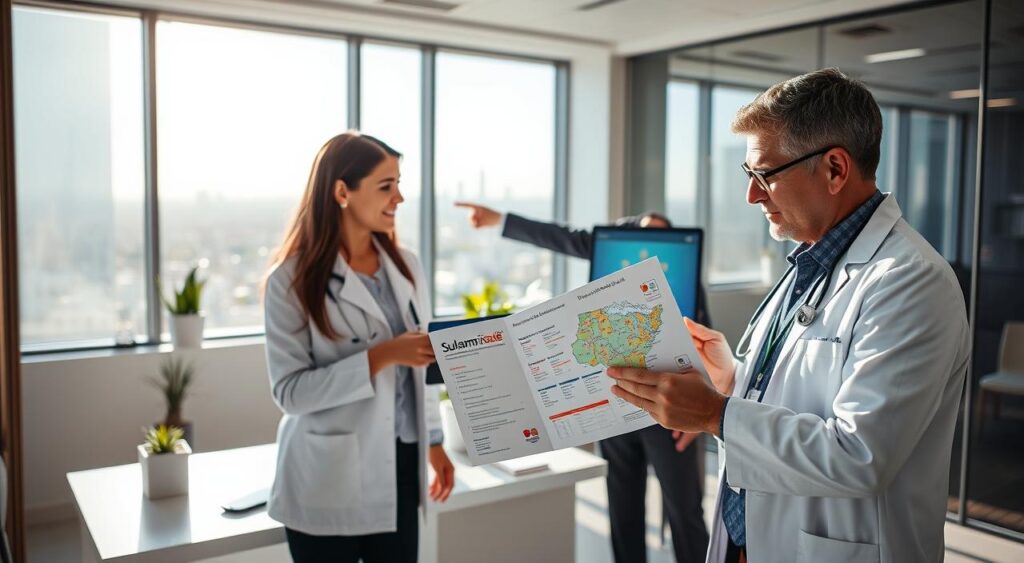 A modern medical office scene in Florianópolis featuring a professional healthcare advisor and a confident doctor discussing the "Rede Credenciada Sulamérica Saúde." In the foreground, the doctor, dressed in a crisp white coat, engages actively while reviewing a brochure on the Sulamérica healthcare plan, showcasing charts and benefits. The healthcare advisor, in business attire, points towards a digital display with a map of accredited hospitals. The middle ground includes a sleek desk with medical paraphernalia and a subtle plant, adding a touch of warmth to the space. In the background, large windows reveal a sunny day with a view of the city's skyline. The lighting is bright and inviting, illuminating the scene and creating a positive atmosphere, evoking trust and professionalism in healthcare. A modern medical office scene in Florianópolis featuring a professional healthcare advisor and a confident doctor discussing the "Rede Credenciada Sulamérica Saúde." In the foreground, the doctor, dressed in a crisp white coat, engages actively while reviewing a brochure on the Sulamérica healthcare plan, showcasing charts and benefits. The healthcare advisor, in business attire, points towards a digital display with a map of accredited hospitals. The middle ground includes a sleek desk with medical paraphernalia and a subtle plant, adding a touch of warmth to the space. In the background, large windows reveal a sunny day with a view of the city's skyline. The lighting is bright and inviting, illuminating the scene and creating a positive atmosphere, evoking trust and professionalism in healthcare.
