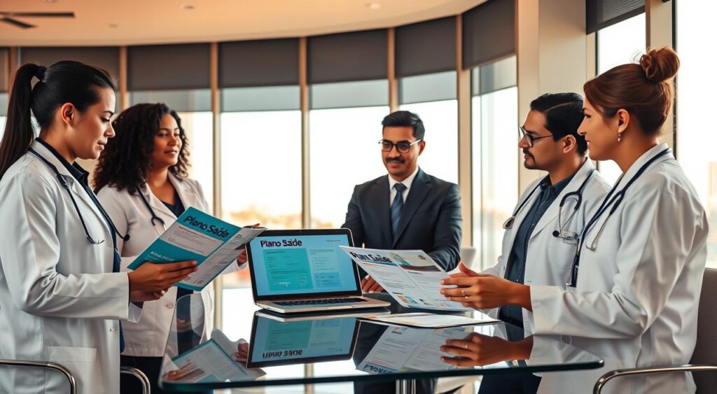 A modern office scene in Maceió, showcasing a group of three medical professionals engaged in a discussion about health insurance options. In the foreground, two doctors in professional attire, one wearing a white coat and the other in business casual, are examining brochures labeled "Plano Saúde." The third individual, an insurance advisor in business attire, listens attentively. In the middle ground, there is a sleek glass table with a laptop displaying healthcare data. The background features large windows letting in warm, natural light, revealing views of Maceió’s coastline. The mood is collaborative and optimistic, emphasizing professional support and specialized protection for doctors. Use a wide-angle lens to capture the dynamic interaction and a soft focus on the background for a welcoming atmosphere.