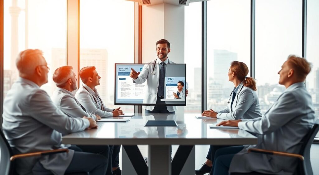 A modern office setting depicting a professional healthcare consultant engaged in a discussion with a group of doctors. The foreground features a diverse group of four doctors, two men and two women, all dressed in professional attire, sitting around a sleek conference table. The middle ground includes a tall, confident male consultant pointing at a digital presentation screen displaying healthcare plans, specifically focused on PME. The background shows a well-lit office with large windows overlooking a cityscape, creating an uplifting and professional atmosphere. The lighting is bright and warm, emphasizing engagement and collaboration. The angle captures the vibrancy of the conversation, reflecting a mood of determination and expert guidance in healthcare solutions for PME.