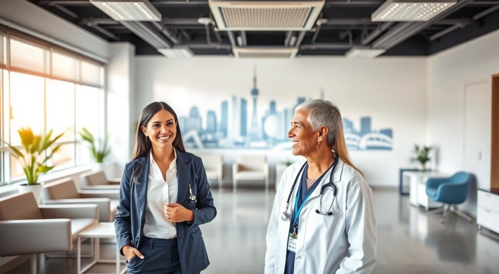 A modern, professional medical office in Niterói, Brazil, showcasing the essence of Sulamérica Saúde. In the foreground, a confident healthcare professional in business attire interacts with a patient, both smiling and engaged in conversation. The middle ground features consultation rooms, featuring sleek furniture and soothing colors, illuminated by soft natural light filtering through large windows. In the background, a mural of the Niterói skyline adds a local touch, evoking a sense of community. Bright and welcoming, the atmosphere feels reassuring and caring, promoting health and wellness. The image should have a wide-angle perspective, capturing a vibrant, positive environment that reflects trust and professionalism in healthcare. A modern, professional medical office in Niterói, Brazil, showcasing the essence of Sulamérica Saúde. In the foreground, a confident healthcare professional in business attire interacts with a patient, both smiling and engaged in conversation. The middle ground features consultation rooms, featuring sleek furniture and soothing colors, illuminated by soft natural light filtering through large windows. In the background, a mural of the Niterói skyline adds a local touch, evoking a sense of community. Bright and welcoming, the atmosphere feels reassuring and caring, promoting health and wellness. The image should have a wide-angle perspective, capturing a vibrant, positive environment that reflects trust and professionalism in healthcare.