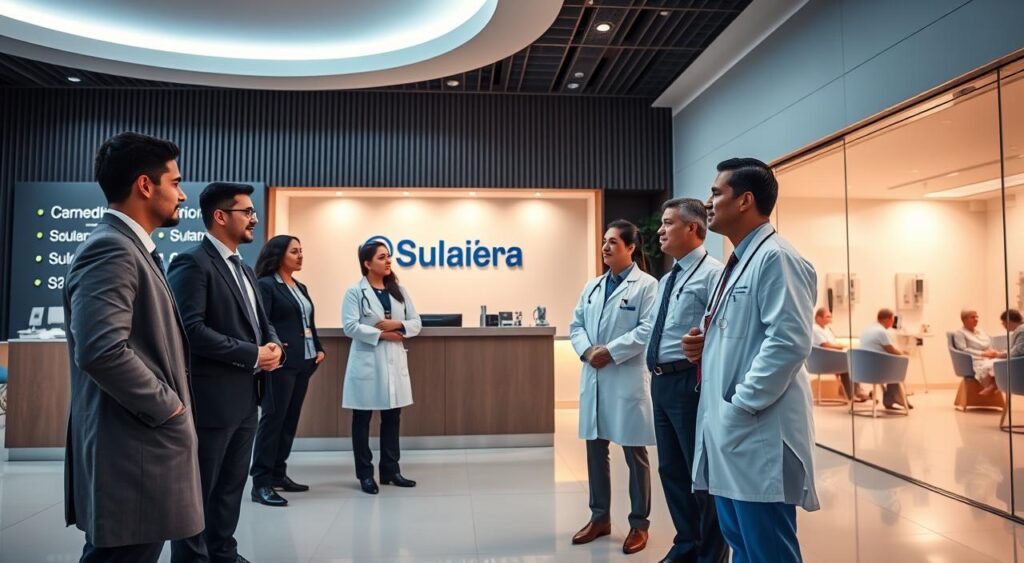 A professional and modern healthcare setting showcasing the "Rede Credenciada Sulamérica". In the foreground, a diverse group of doctors in professional business attire engaged in discussion, reflecting collaboration and trust. The middle ground features a sleek reception area with subtle branding of Sulamérica, including logos and healthcare materials. In the background, a bright and welcoming hospital environment with warm lighting, showcasing patients receiving care. The lighting is soft yet clear, enhancing the sense of professionalism and approachability. The scene conveys a mood of hope and community support in healthcare, emphasizing the importance of medical services in Teresina for doctors and small to medium enterprises. Use a wide-angle lens perspective to capture the depth and detail of the environment. A professional and modern healthcare setting showcasing the "Rede Credenciada Sulamérica". In the foreground, a diverse group of doctors in professional business attire engaged in discussion, reflecting collaboration and trust. The middle ground features a sleek reception area with subtle branding of Sulamérica, including logos and healthcare materials. In the background, a bright and welcoming hospital environment with warm lighting, showcasing patients receiving care. The lighting is soft yet clear, enhancing the sense of professionalism and approachability. The scene conveys a mood of hope and community support in healthcare, emphasizing the importance of medical services in Teresina for doctors and small to medium enterprises. Use a wide-angle lens perspective to capture the depth and detail of the environment.