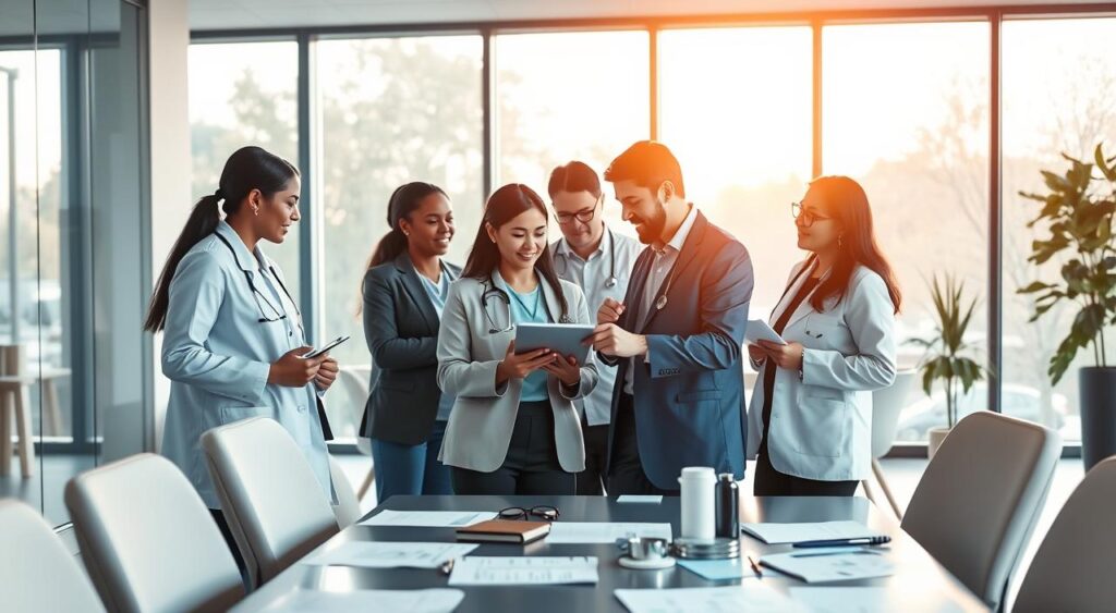 A professional and modern office environment showcasing a healthcare consultation scene. In the foreground, a diverse group of medical professionals in business attire are engaged in a discussion around a digital tablet, analyzing healthcare plans. They appear focused and engaged, embodying a sense of collaboration and expertise. In the middle ground, a sleek conference room table surrounded by comfortable chairs, with health-related charts and documents visibly scattered. The background features large windows allowing soft, natural light to flood the room, casting a warm glow. The atmosphere is one of professionalism and trust, highlighting the importance of effective health management in a vibrant and strategic setting. The image should be bright and inviting, conveying a sense of hope and competence in healthcare solutions. A professional and modern office environment showcasing a healthcare consultation scene. In the foreground, a diverse group of medical professionals in business attire are engaged in a discussion around a digital tablet, analyzing healthcare plans. They appear focused and engaged, embodying a sense of collaboration and expertise. In the middle ground, a sleek conference room table surrounded by comfortable chairs, with health-related charts and documents visibly scattered. The background features large windows allowing soft, natural light to flood the room, casting a warm glow. The atmosphere is one of professionalism and trust, highlighting the importance of effective health management in a vibrant and strategic setting. The image should be bright and inviting, conveying a sense of hope and competence in healthcare solutions.