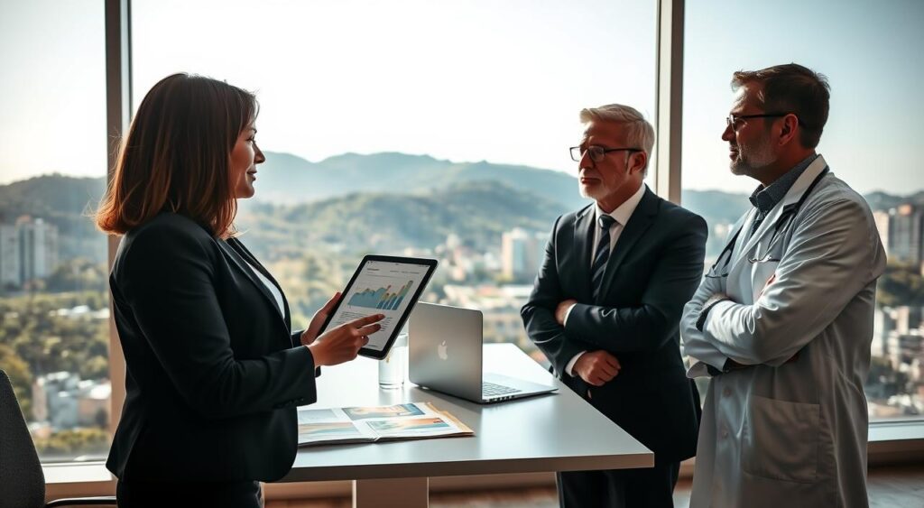 A professional business consultant from Maximo Consultoria is engaging in a discussion with a medical professional in a modern office setting, focusing on health insurance plans. In the foreground, the consultant, a middle-aged woman in smart business attire, is holding a tablet with graphs and data on health plans. The medical professional, a man in a white coat and glasses, listens attentively. In the middle ground, a sleek desk with health plan brochures and a laptop is visible. The background features a large window showcasing a Niterói cityscape, blending green hills and modern buildings under a bright, clear blue sky. The lighting is warm and inviting, creating a collaborative atmosphere that emphasizes trust and professionalism. A professional business consultant from Maximo Consultoria is engaging in a discussion with a medical professional in a modern office setting, focusing on health insurance plans. In the foreground, the consultant, a middle-aged woman in smart business attire, is holding a tablet with graphs and data on health plans. The medical professional, a man in a white coat and glasses, listens attentively. In the middle ground, a sleek desk with health plan brochures and a laptop is visible. The background features a large window showcasing a Niterói cityscape, blending green hills and modern buildings under a bright, clear blue sky. The lighting is warm and inviting, creating a collaborative atmosphere that emphasizes trust and professionalism.