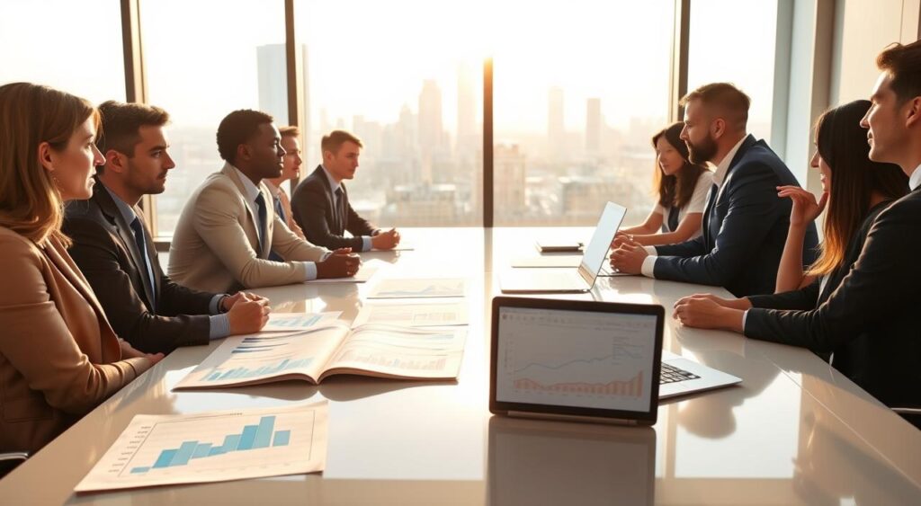 A professional consultant, dressed in business attire, sits at a sleek conference table in a modern office setting. They are deeply engaged in a discussion with a group of diverse individuals; all are professionals appearing attentive and focused. On the table are open documents displaying charts and graphs related to PME health plans, with a laptop showing data analytics. In the background, a large window reveals a skyline view, bathed in warm sunlight, creating an optimistic and collaborative atmosphere. The lighting is bright yet soft, highlighting the expressions of concentration and professionalism among the participants. The scene captures the essence of specialized consultancy in small and medium-sized enterprise health plans, with elements that suggest teamwork and strategic planning. A professional consultant, dressed in business attire, sits at a sleek conference table in a modern office setting. They are deeply engaged in a discussion with a group of diverse individuals; all are professionals appearing attentive and focused. On the table are open documents displaying charts and graphs related to PME health plans, with a laptop showing data analytics. In the background, a large window reveals a skyline view, bathed in warm sunlight, creating an optimistic and collaborative atmosphere. The lighting is bright yet soft, highlighting the expressions of concentration and professionalism among the participants. The scene captures the essence of specialized consultancy in small and medium-sized enterprise health plans, with elements that suggest teamwork and strategic planning.