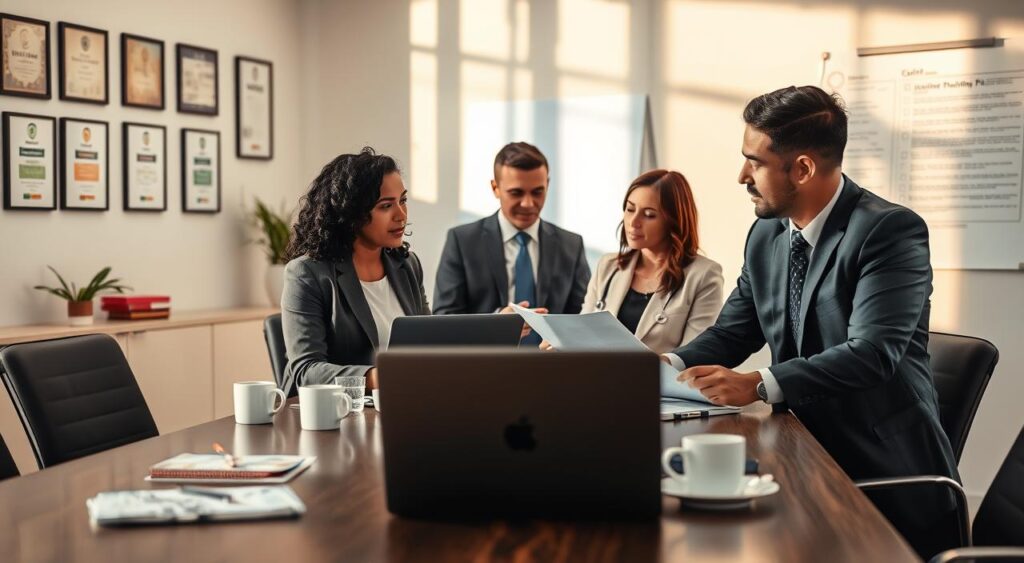 A professional consultant office scene, focusing on a diverse group of healthcare professionals, including a middle-aged Black woman and a young Hispanic man, both dressed in smart business attire, engaged in a discussion over health plan documentation. The foreground features a sleek conference table with laptops, brochures, and coffee cups scattered around. In the middle, a large window lets in natural light, casting warm shadows across the room, creating an inviting atmosphere. In the background, wall-mounted certificates and a whiteboard filled with strategic plans convey professionalism. The scene captures a mood of collaboration and expertise, ideal for a consultation on healthcare plans. Use soft lighting and a slightly blurred background to emphasize the professionals in focus. A professional consultant office scene, focusing on a diverse group of healthcare professionals, including a middle-aged Black woman and a young Hispanic man, both dressed in smart business attire, engaged in a discussion over health plan documentation. The foreground features a sleek conference table with laptops, brochures, and coffee cups scattered around. In the middle, a large window lets in natural light, casting warm shadows across the room, creating an inviting atmosphere. In the background, wall-mounted certificates and a whiteboard filled with strategic plans convey professionalism. The scene captures a mood of collaboration and expertise, ideal for a consultation on healthcare plans. Use soft lighting and a slightly blurred background to emphasize the professionals in focus.