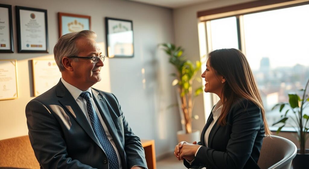 A professional consultation room in Cuiabá, designed for specialized services for small and medium enterprises. The foreground features a well-dressed business consultant, a middle-aged man in a smart suit, engaged in conversation with a smiling female client, dressed in professional business attire. The walls are adorned with certificates and a subtle Sulamérica logo. In the background, a large window offers a view of the cityscape, with warm natural light flooding the room, creating an inviting atmosphere. The lighting is soft yet well-lit, emphasizing the professional demeanor of both individuals. Use a slight depth of field focus that highlights the consultant and the client, with a cozy yet modern ambiance that conveys trust and expertise in healthcare consulting.