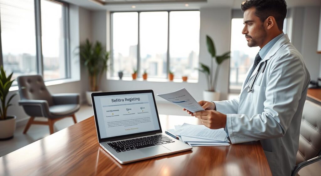 A professional medical office setting in São Paulo, showcasing a sleek, modern consultation room with a comfortable patient chair and a polished wooden desk. In the foreground, a well-dressed doctor in a white coat is reviewing documents related to the Sulamerica health plan, emphasizing their active registration and CNPJ. In the middle ground, there are medical charts and a laptop displaying relevant information about the health plan, subtly hinting at the benefits for doctors. The background features soft ambient lighting, large windows letting in natural light, and a view of the vibrant cityscape outside, creating a sense of professionalism and trust. The atmosphere is calm, accentuated by neutral tones and a hint of greenery from potted plants, fostering a welcoming environment for medical professionals. A professional medical office setting in São Paulo, showcasing a sleek, modern consultation room with a comfortable patient chair and a polished wooden desk. In the foreground, a well-dressed doctor in a white coat is reviewing documents related to the Sulamerica health plan, emphasizing their active registration and CNPJ. In the middle ground, there are medical charts and a laptop displaying relevant information about the health plan, subtly hinting at the benefits for doctors. The background features soft ambient lighting, large windows letting in natural light, and a view of the vibrant cityscape outside, creating a sense of professionalism and trust. The atmosphere is calm, accentuated by neutral tones and a hint of greenery from potted plants, fostering a welcoming environment for medical professionals.