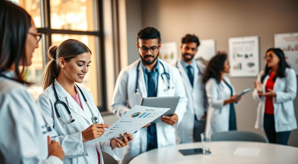 A professional medical setting featuring a diverse group of confident doctors engaged in discussion about health plans. In the foreground, a female doctor in a white coat, with a stethoscope around her neck, reviews a document with charts and graphs. Beside her, a male doctor, also in a white coat, uses a tablet to explain key points. In the middle ground, a large window lets in warm, natural light, illuminating a modern conference room with a round table and health-related posters on the walls. The atmosphere is collaborative and focused, depicting the importance of specialized health plans for medical professionals. Use a slight depth of field to emphasize the doctors while softly blurring the background, enhancing the overall professional mood.