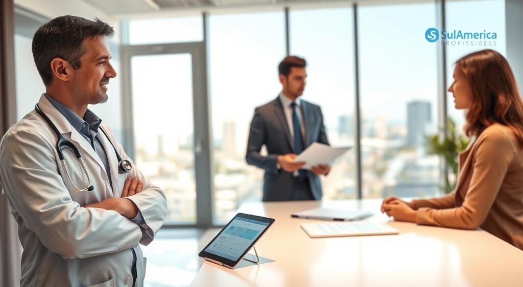 A professional medical setting featuring a modern doctor's office in Vila Velha. In the foreground, a confident doctor in business attire, with a stethoscope around their neck, is discussing plans with a patient, conveying trust and professionalism. The middle ground showcases a sleek desk with medical documents and a tablet displaying health plans. The background includes a large window with natural light flooding the space, revealing a vibrant view of Vila Velha’s skyline. Soft, warm lighting creates a welcoming atmosphere, highlighting the doctor’s expertise and the benefits of the exclusive "SulAmérica Profissões" health plan. The overall mood is professional yet inviting, emphasizing health and well-being. A professional medical setting featuring a modern doctor's office in Vila Velha. In the foreground, a confident doctor in business attire, with a stethoscope around their neck, is discussing plans with a patient, conveying trust and professionalism. The middle ground showcases a sleek desk with medical documents and a tablet displaying health plans. The background includes a large window with natural light flooding the space, revealing a vibrant view of Vila Velha’s skyline. Soft, warm lighting creates a welcoming atmosphere, highlighting the doctor’s expertise and the benefits of the exclusive "SulAmérica Profissões" health plan. The overall mood is professional yet inviting, emphasizing health and well-being.