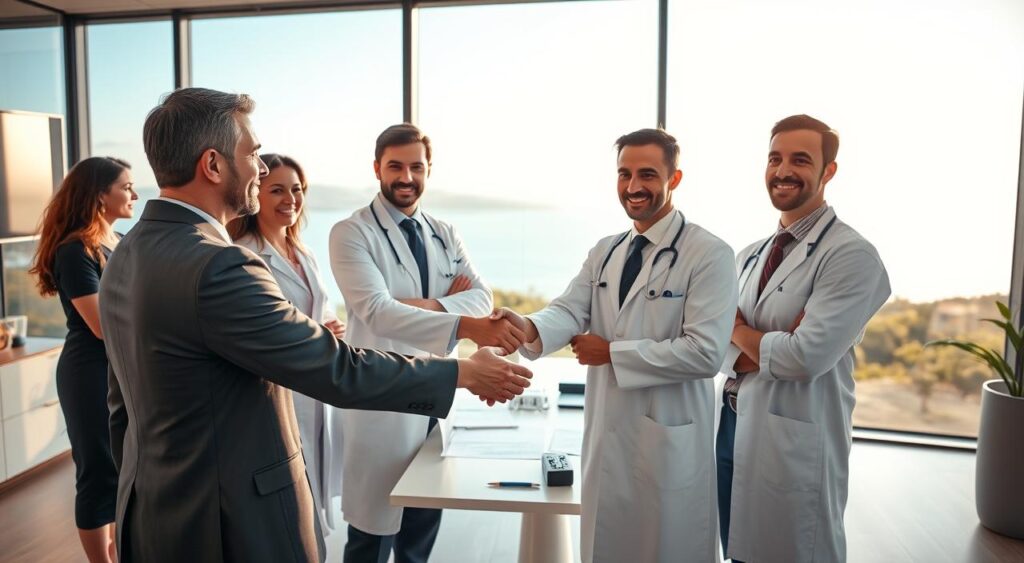 A professional medical setting in Florianópolis, showing a group of diverse doctors wearing crisp business attire, engaged in a discussion about health plans. In the foreground, two doctors shake hands confidently, symbolizing trust and partnership, while in the middle ground, other doctors review documents on a modern table, surrounded by medical technology. The background features a large window with a view of a picturesque coastal landscape, bright natural light flooding the room. The atmosphere is one of collaboration and professionalism, conveying the exclusivity of the SulAmérica Profissões health plan. Use a wide-angle lens to capture the camaraderie and dynamic, with warm lighting enhancing the inviting ambiance. A professional medical setting in Florianópolis, showing a group of diverse doctors wearing crisp business attire, engaged in a discussion about health plans. In the foreground, two doctors shake hands confidently, symbolizing trust and partnership, while in the middle ground, other doctors review documents on a modern table, surrounded by medical technology. The background features a large window with a view of a picturesque coastal landscape, bright natural light flooding the room. The atmosphere is one of collaboration and professionalism, conveying the exclusivity of the SulAmérica Profissões health plan. Use a wide-angle lens to capture the camaraderie and dynamic, with warm lighting enhancing the inviting ambiance.
