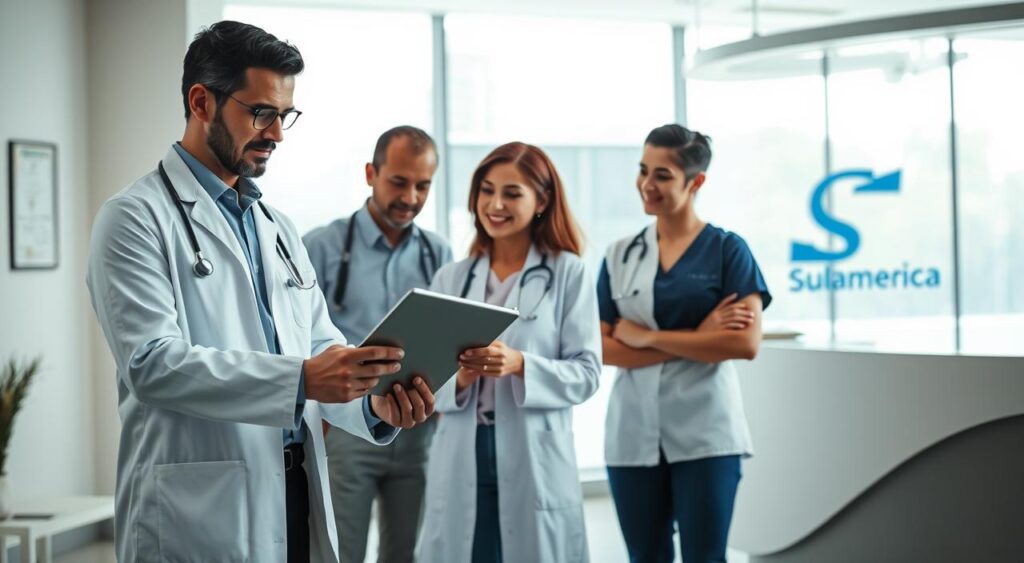 A professional, modern healthcare setting showcasing a group of diverse medical professionals discussing the "Plano Hospitalar Sulamerica." In the foreground, a confident male doctor in a white coat and a female physician in smart casual attire are reviewing documents on a digital tablet, while a nurse stands nearby, attentively listening. In the middle ground, there’s a clean, bright office environment with large windows allowing natural light to flood in. Medical certificates and awards adorn the walls suggesting credibility and trust. The background features a sleek reception desk with the Sulamerica logo subtly displayed. The atmosphere is collaborative, conveying professionalism and excitement about the healthcare plan, captured in a soft focus lens to enhance warmth and approachability. A professional, modern healthcare setting showcasing a group of diverse medical professionals discussing the "Plano Hospitalar Sulamerica." In the foreground, a confident male doctor in a white coat and a female physician in smart casual attire are reviewing documents on a digital tablet, while a nurse stands nearby, attentively listening. In the middle ground, there’s a clean, bright office environment with large windows allowing natural light to flood in. Medical certificates and awards adorn the walls suggesting credibility and trust. The background features a sleek reception desk with the Sulamerica logo subtly displayed. The atmosphere is collaborative, conveying professionalism and excitement about the healthcare plan, captured in a soft focus lens to enhance warmth and approachability.