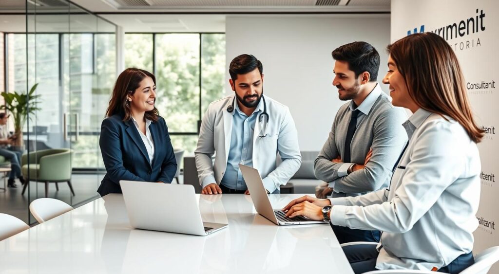 A professional office environment showcasing "Maximo Consultoria" with a focus on healthcare consultation for doctors. In the foreground, a diverse group of three healthcare consultants in professional attire—one woman and two men—engaged in a discussion with a laptop open on a sleek conference table. The middle layer features a modern office setting with glass partitions, a view of greenery through windows, and contemporary furniture, illustrating a welcoming and innovative atmosphere. The background includes subtle branding elements related to Maximo Consultoria, ensuring no textual overlays. Soft, natural lighting filters in, creating a warm and inviting mood that conveys expertise and professionalism. The angle captures the dynamic interaction and the collaborative spirit of the consultancy. A professional office environment showcasing "Maximo Consultoria" with a focus on healthcare consultation for doctors. In the foreground, a diverse group of three healthcare consultants in professional attire—one woman and two men—engaged in a discussion with a laptop open on a sleek conference table. The middle layer features a modern office setting with glass partitions, a view of greenery through windows, and contemporary furniture, illustrating a welcoming and innovative atmosphere. The background includes subtle branding elements related to Maximo Consultoria, ensuring no textual overlays. Soft, natural lighting filters in, creating a warm and inviting mood that conveys expertise and professionalism. The angle captures the dynamic interaction and the collaborative spirit of the consultancy.
