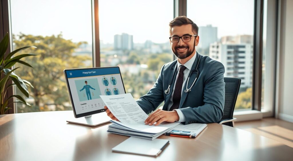 A professional office setting that symbolizes a "rede credenciada" for healthcare providers. In the foreground, a confident, well-dressed doctor with an active license and CNPJ sits at a sleek desk, reviewing documents related to the Sulamerica hospital plan. In the middle ground, a modern computer with health plan graphics and medical diagrams is visible. In the background, a window reveals a bright, sunny day in Aracaju, with views of green trees and urban buildings reflecting a thriving community. Soft, natural lighting pours in, creating a warm atmosphere that conveys professionalism and trust. The overall mood of the image is optimistic and inviting, emphasizing the importance of choosing the right healthcare plan. No text or additional graphics are present. A professional office setting that symbolizes a "rede credenciada" for healthcare providers. In the foreground, a confident, well-dressed doctor with an active license and CNPJ sits at a sleek desk, reviewing documents related to the Sulamerica hospital plan. In the middle ground, a modern computer with health plan graphics and medical diagrams is visible. In the background, a window reveals a bright, sunny day in Aracaju, with views of green trees and urban buildings reflecting a thriving community. Soft, natural lighting pours in, creating a warm atmosphere that conveys professionalism and trust. The overall mood of the image is optimistic and inviting, emphasizing the importance of choosing the right healthcare plan. No text or additional graphics are present.