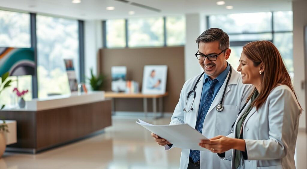 A professional setting depicting a "Rede Credenciada Sulamérica," showcasing the essence of health insurance in Cuiabá. In the foreground, a well-dressed doctor in a white coat consults with a patient, both smiling as they review health documents. In the middle, a modern hospital reception area can be seen, featuring sleek design elements and health-related brochures. The background includes large windows with natural light pouring in, highlighting a lush green landscape outside. The atmosphere is warm and inviting, conveying a sense of trust and professionalism. Soft, diffused lighting creates an approachable feel, with a focus on clarity and warmth. Capture this scene with a slight depth of field, emphasizing the interactions in the foreground while gently blurring the background.
