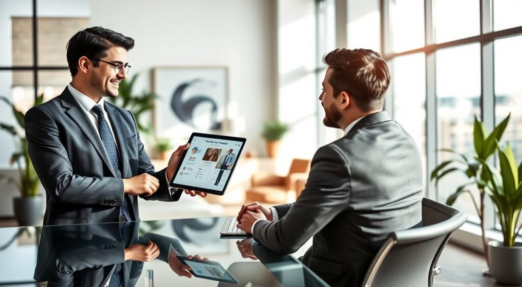 A professional setting showcasing the concept of "plano saúde" in a premium environment. In the foreground, a confident medical professional, a doctor in a tailored suit, is discussing health insurance options with a well-dressed client sitting at a sleek glass desk. The doctor holds a tablet displaying health plan details. In the middle background, a modern office with large windows allows natural light to flood in, creating a bright atmosphere. Plants and contemporary artwork enhance the space. The mood is optimistic and professional, emphasizing trust and exclusivity. Capture the scene from a slightly elevated angle to create depth, using soft lighting to convey warmth and approachability, ensuring all subjects appear engaged and focused.