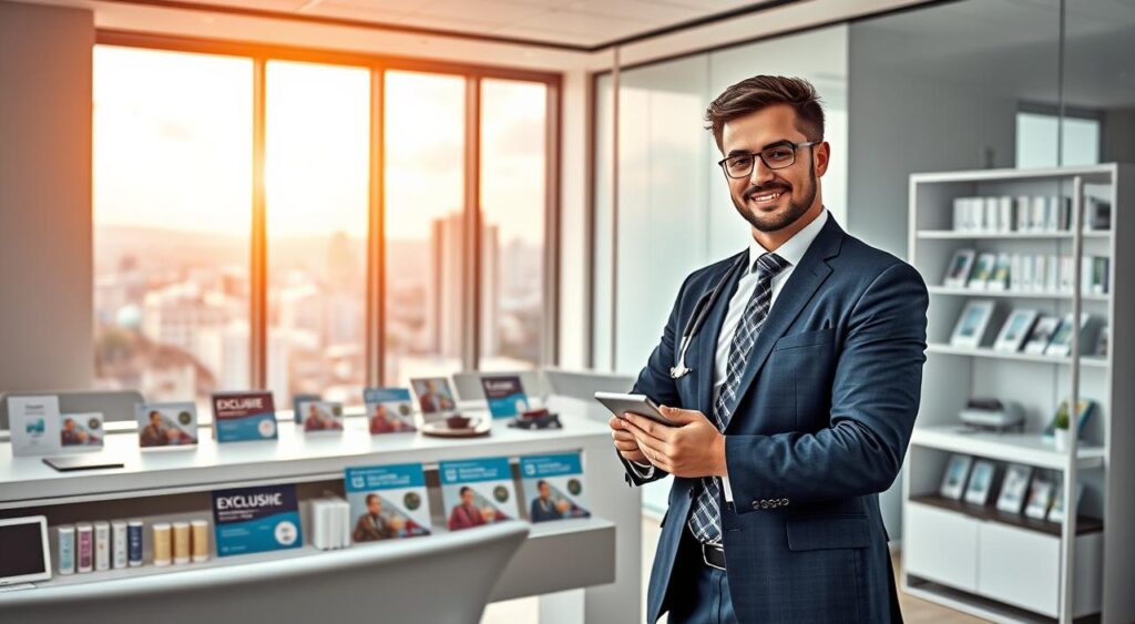 A professional setting showcasing the essence of "Sulamérica Saúde," specifically designed for doctors and healthcare professionals. In the foreground, a confident medical professional dressed in business attire interacts with a digital tablet, symbolizing modern health solutions. The middle ground features a sleek, modern office filled with medical brochures and promotional materials emphasizing exclusive plans for healthcare practitioners. In the background, a large window reveals a vibrant cityscape of Juiz de Fora, illuminated by warm, natural light of a late afternoon, creating an inviting atmosphere. The focus on professionalism and innovation should evoke a sense of trust and reliability, embodying the core message of exclusive solutions tailored for medical professionals. The overall mood should feel optimistic and forward-thinking, ensuring a visually appealing representation without any text or distractions. A professional setting showcasing the essence of "Sulamérica Saúde," specifically designed for doctors and healthcare professionals. In the foreground, a confident medical professional dressed in business attire interacts with a digital tablet, symbolizing modern health solutions. The middle ground features a sleek, modern office filled with medical brochures and promotional materials emphasizing exclusive plans for healthcare practitioners. In the background, a large window reveals a vibrant cityscape of Juiz de Fora, illuminated by warm, natural light of a late afternoon, creating an inviting atmosphere. The focus on professionalism and innovation should evoke a sense of trust and reliability, embodying the core message of exclusive solutions tailored for medical professionals. The overall mood should feel optimistic and forward-thinking, ensuring a visually appealing representation without any text or distractions.